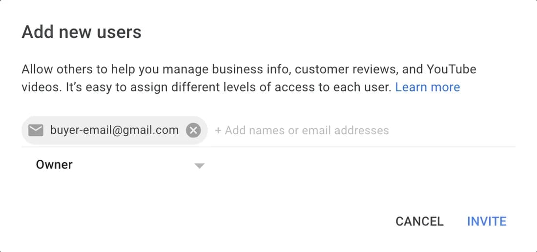 Google's Add new users dialog with the buyer's email and the Owner role selected